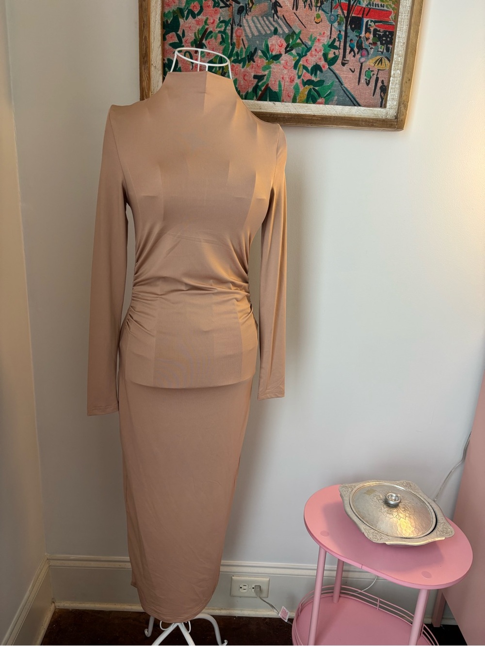 Women's Long Sleeve Ruched Midi Dress- Beige